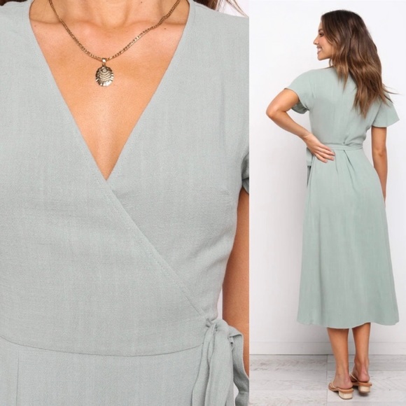 Petal & Pup Rowie Sage Wrap Linen Dress - Picture 3 of 7